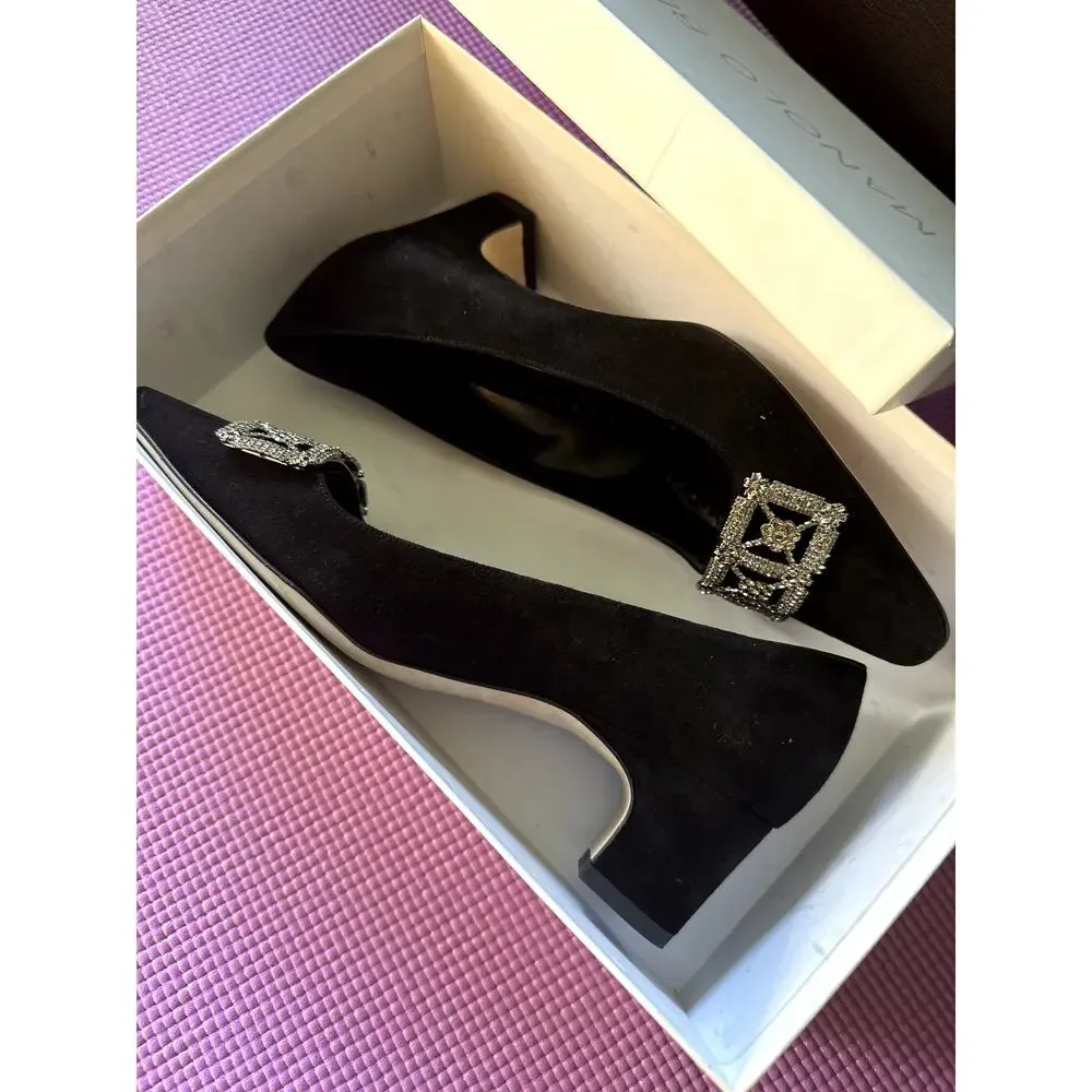 New $1315 Manolo Blahnik Black Silk Crystal Ornament Pumps Size 36.5